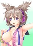  armpits asamura_hiori bracelet breasts brown_hair cleavage headphones highres jewelry large_breasts no_bra open_mouth purple_eyes smile solo sweat touhou toyosatomimi_no_miko upper_body 