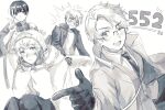  4boys ^^^ ahoge america_(hetalia) apron artist_name axis_powers_hetalia backpack bag blush closed_mouth collared_shirt commentary_request down_jacket formal_clothes gloves greyscale hair_between_eyes half-closed_eyes hand_up hands_on_own_face hands_up harutoro_39487 hat index_finger_raised jacket japan_(hetalia) japanese_clothes kimono leather leather_gloves long_sleeves looking_at_viewer male_focus monochrome multicolored_hair multiple_boys necktie one_eye_closed open_clothes open_jacket open_mouth pants puffy_long_sleeves puffy_sleeves russia_(hetalia) shirt short_hair simple_background sitting smile sparkle standing streaked_hair suit suit_jacket sweatdrop t-shirt teeth united_kingdom_(hetalia) v v-shaped_eyebrows wide_sleeves 