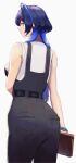  1girl absurdres back belt blue_eyes blue_hair bracelet commentary ear_piercing english_commentary erasorpepero from_behind hair_intakes highres hololive hololive_english jewelry long_hair looking_at_viewer looking_back office_lady ouro_kronii overalls piercing simple_background sleeveless solo virtual_youtuber white_background 