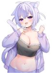  1girl :d animal_ears bare_shoulders blush breasts cat_cutout cat_ears cat_girl cat_tail clenched_hand clothes_pull clothing_cutout commentary_request crop_top fang groin hands_up hololive jacket jacket_pull looking_at_viewer medium_breasts medium_hair navel negima_(le_ne38) nekomata_okayu nekomata_okayu_(membership) no_bra open_clothes open_jacket purple_eyes purple_hair purple_jacket single_ear_down smile smug solo tail virtual_youtuber 