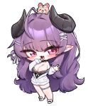  1girl :3 ahoge black_camisole black_choker blunt_bangs blush breasts camisole chibi chibi_only choker cleavage commentary_request demon_girl demon_horns fang fish_ornament full_body gim_aenggo hair_bun hair_ornament hairclip highres horns indie_virtual_youtuber jacket korean_commentary large_breasts long_hair long_sleeves looking_at_viewer mascot off_shoulder open_mouth pointy_ears purple_eyes purple_hair simple_background single_side_bun slippers smile solo thigh_strap very_long_hair virtual_youtuber white_background white_jacket white_slippers x_hair_ornament yabby 