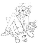  1boy bag bike_shorts bike_shorts_under_skirt bracelet collared_shirt crossed_bangs earrings face_piercing floating full_body furret hair_between_eyes highres jewelry kieran_(pokemon) knees_up lip_piercing monochrome naruse_makoto piercing pokemon pokemon_sv poliwag ponytail shirt short_sleeves sketch skirt solo 