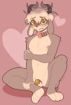 anthro balls blush bovid caprine chastity_cage chastity_device collar collar_only cyrus_nsfw eyewear genitals glasses heart_background heart_symbol hi_res horn jasper_(ntr_throwaway) male mammal nude paws simple_background solo