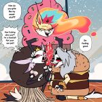 absurd_res anthro bodily_fluids burger burger_costume canid canid_demon canine cheeseburger_costume clothing costume cum cupcake cupcake_costume demon female food food_costume fox_spirit genital_fluids genitals goetia group hellaverse hellhound helluva_boss hexecat hi_res loona_(helluva_boss) mammal meatball meatball_costume mythological_canine mythological_creature mythology penis queen_bee-lzebub_(helluva_boss) snow stella_(helluva_boss) trio