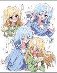  >_< 2girls :d absurdres alternate_costume blonde_hair blue_hair blue_pajamas blush chinese_commentary closed_eyes collared_shirt commentary_request cropped_torso drying drying_hair drying_own_hair flying_sweatdrops green_eyes green_pajamas hair_down hair_flip heart highres long_hair long_sleeves looking_at_another mahou_shoujo_no_majo_saiban multiple_girls multiple_views nose_blush open_mouth pajamas pout puff_of_air shirt simple_background smile sparkle tachibana_sherry tono_hanna translation_request upper_body white_background yellow_eyes zhanzhangzlw 