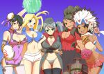  5girls :d ageha_(senran_kagura) antenna_hair arm_on_another's_shoulder artist_request ass_visible_through_thighs bandaid bandaid_on_face baozi_hair_ornament bike_shorts bike_shorts_under_skirt black_hair black_skirt black_thighhighs blonde_hair blue_background blue_eyes blue_shirt blush body_blush bomb breasts brown_eyes brown_hair bun_(food) bun_cover china_dress chinese_clothes cleavage commentary dark-skinned_female dark_skin dixie_cup_hat double_bun dress electricity english_commentary explosive firecrackers flower flower_in_mouth food food-themed_hair_ornament fuse green_eyes grey_hair grey_panties groin hair_bun hair_ornament hat headdress high_ponytail highres holding holding_bomb holding_flower holding_pom_poms large_breasts linea_alba looking_at_viewer matsuri_(senran_kagura) meimei_(senran_kagura) midriff military_hat military_uniform multiple_girls native_american_clothes native_american_headdress needle one_eye_closed open_mouth orange_eyes panties pantyhose parted_bangs pin pink_skirt pom_pom_(cheerleading) ponytail purple_dress purple_ribbon red_shirt ribbon senran_kagura senran_kagura_new_wave shiny_skin shirt short_shorts shorts shuriken_print sidelocks skirt smile standing steamed_bun sweatband swept_bangs teeth thighhighs thorns throwing_needles tied_shirt tiger_mask_(object) tomahawk tongue tsubame_(senran_kagura) twintails underwear upper_teeth_only v-shaped_eyebrows white_shorts white_thighhighs yellow_eyes yoshimitsu_(senran_kagura) 
