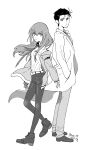  1boy 1girl 2023 adam's_apple arm_belt back-to-back beard_stubble belt black_hair black_pantyhose black_shorts breast_pocket breasts brown_hair brown_jacket brown_pants collarbone collared_shirt commentary_request dated facial_hair full_body greyscale hair_between_eyes hair_over_shoulder jacket jacket_partially_removed lab_coat lapels leather_belt long_hair long_sleeves looking_at_viewer makise_kurisu messy_hair monochrome necktie notched_lapels okabe_rintarou open_clothes pants pantyhose pocket rocni science_adventure shirt shorts simple_background small_breasts standing steins;gate stubble t-shirt white_belt white_shirt 