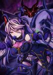  1girl absurdres asymmetrical_horns breasts cleavage closed_mouth commentary_request detached_sleeves dress duel_masters duel_masters_play's gloves gold_trim hair_between_eyes hair_ornament highres horns large_breasts long_hair low_twintails monster nero_gryphis_(duel_masters) open_door purple_claws purple_dress purple_gloves purple_horns purple_thighhighs red_horns restrained see-through_cleavage see-through_clothes solo sweatdrop tears tentacle_grab tentacles thighhighs twintails yellow_eyes zanika 