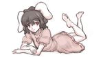  animal_ears barefoot black_hair carrot dress feet inaba_tewi jewelry kuro_suto_sukii legs lying on_stomach red_eyes short_hair sketch smile soles solo toes touhou 