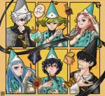  2boys 4girls agott_(tongari_boushi_no_atelier) black_hair blue_eyes blue_hair brown_eyes brushbuddy coco_(tongari_boushi_no_atelier) fushixyl glasses green_hair hat hat_tassel highres inkwell jewelry long_hair medium_hair multiple_boys multiple_girls olruggio_(tongari_boushi_no_atelier) pink_hair purple_eyes qifrey's_atelier_apprentice_uniform qifrey_(tongari_boushi_no_atelier) richeh_(tongari_boushi_no_atelier) ring short_hair tetia_(tongari_boushi_no_atelier) tongari_boushi_no_atelier white_hair yellow_eyes 