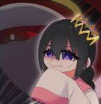  1girl alt_0218 black_hair braid commentary_request crown glasses halo highres kirby_(series) kirby_64 long_hair looking_at_viewer low_twin_braids one-eyed purple_eyes red_eyes ripple_star_queen sleeves_past_fingers sleeves_past_wrists smile twin_braids zero_two_(kirby) 