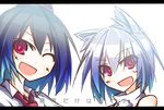  :d animal_ears bare_shoulders black_hair blue_hair hat ichiyan inubashiri_momiji letterboxed multicolored_hair multiple_girls one_eye_closed open_mouth pom_pom_(clothes) portrait red_eyes shameimaru_aya short_hair silver_hair simple_background smile tokin_hat touhou two-tone_hair white_background wolf_ears 
