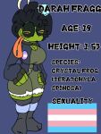 amphibian anthro black_hair bottomwear breasts clothing english_text female frog green_body hair jacket model_sheet piercing shorts solo text tongue tongue_out tongue_piercing topwear wannapossums