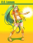  ;d belt bottle c.c._lemon c.c._lemon_(character) character_name copyright_name e20 glasses green_eyes green_hair holding long_hair navel one_eye_closed open_mouth short_shorts shorts side_ponytail smile solo thighhighs yellow_legwear 