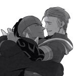  2boys arm_around_shoulder arms_around_back closed_eyes collared_shirt commentary_request dark-skinned_male dark_skin from_side greyscale headband highres hood hood_down hoodie kabu_(pokemon) long_sleeves looking_at_another male_focus monochrome multiple_boys parted_lips pokemon pokemon_swsh raihan_(pokemon) shirt short_hair sideburns simple_background smile vuoeou white_background wing_collar yaoi 