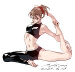  1girl asymmetrical_clothes barefoot breasts brown_eyes brown_hair crop_top expressionless flexible full_body highres nabipenciller navel original pigeon_pose ponytail simple_background single_pantsleg small_breasts solo stirrup_legwear stretching toeless_legwear white_background 