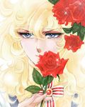  70s blonde_hair blue_eyes eyelashes face flower jr_tomoko lowres oekaki oldschool oscar_francois_de_jarjayes ribbon rose solo sparkle striped versailles_no_bara 