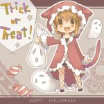  1girl :d animal_ears blonde_hair blush brown_background candy cat_ears cat_tail coat commentary_request fang fishnet_pantyhose fishnets food full_body fur-trimmed_coat fur_trim happy_halloween hood hood_up hooded_coat kawachi_(hina) looking_at_viewer lowres open_mouth pantyhose ragnarok_online red_coat rogue_(ragnarok_online) sheet_ghost short_hair smile solo tail trick_or_treat whisper_(ragnarok_online) wrapped_candy yellow_eyes 