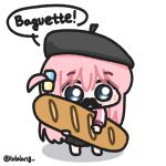  1girl baguette beret black_hat black_skirt blue_eyes bocchi_the_rock! bread chibi chibi_only commentary fake_facial_hair fake_mustache food full_body gotoh_hitori hat highres holding holding_food jacket long_hair looking_at_viewer lulalang one_side_up pink_hair pink_jacket simple_background skirt solo speech_bubble standing white_background 