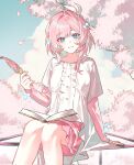  1girl blue_eyes book closed_mouth commentary cyrene_(honkai:_star_rail) diamond-shaped_pupils diamond_(shape) english_commentary highres holding holding_quill honkai:_star_rail honkai_(series) horionline pink_hair pink_pupils pink_skirt quill shirt sitting skirt solo symbol-shaped_pupils white_shirt 