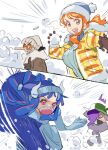  2boys 2girls blue_coat blue_hair blue_hat blue_scarf blue_sweater breasts brother_and_sister brown_coat brown_eyes brown_gloves coat commentary emphasis_lines fur-trimmed_headwear fur_trim glasses gloves grey_hat grey_scarf grin hat hood hood_down hooded_jacket horns jacket large_breasts long_hair long_nose mask mouth_mask multiple_boys multiple_girls nami_(one_piece) one_piece open_clothes open_jacket open_mouth orange_hair page_one_(one_piece) pink_eyes purple_hair raine_(acke2445) santa_hat scarf siblings smile snow snowball snowball_fight sweater symbol-only_commentary ulti_(one_piece) upper_body usopp winter_clothes yellow_jacket 