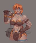  1girl ahoge armor ball_and_chain_(weapon) barbarian blue_eyes bodypaint breasts celtic gardnerverse gloves hand_on_own_hip headband highres holding holding_weapon large_breasts lips long_hair looking_at_viewer muscular muscular_female orange_hair sam_gardner sam_the_barbarian shoulder_armor solo_focus tattoo thick_thighs thighs upper_body valda_arts viking weapon 