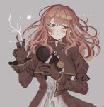  1girl ascot brooch brown_ascot brown_dress brown_eyes brown_gloves brown_hair catherine_(project_moon) dress floating_hair frilled_dress frills gloves gold_trim golden_bough_(limbus_company) grey_background hand_mirror hashtag-only_commentary highres jewelry k1ui1 limbus_company mirror project_moon sidelocks simple_background solo 