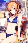  absurdres bikini blue_bikini brown_eyes brown_hair cloud cropped frilled_bikini frills hand_on_own_chest highres kuroboshi_kouhaku lipstick makeup money navel original palm_tree side-tie_bikini sitting sky smile solo sunset swimsuit tree 