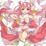  1girl bangle bikini bracelet breasts cleavage commentary_request foot_out_of_frame jewelry kawachi_(hina) long_hair looking_at_viewer lowres medium_breasts mismatched_bikini navel open_mouth pink_hair ragnarok_online red_bikini red_eyes smile solo standing standing_on_one_leg swimsuit wanderer_(ragnarok_online) white_background white_bikini 