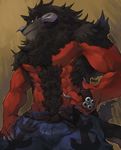  anthro belt biceps big_muscles chest_tuft claws clothing demon fur horn male muscles pants pecs pose robbw solo standing topless tuft 