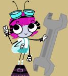 4_arms antennae_(anatomy) anthro arthropod black_boots black_clothing black_footwear blue_bottomwear blue_clothing blue_eyewear blue_goggles blue_skirt boots bottomwear bracelet clothing disney el_tigre eyewear eyewear_on_head female fly_(animal) footwear frida_suarez gesture gloves goggles goggles_on_head grey_body grey_skin hair hand_gesture handwear insect insect_wings jewelry maggie_pesky multi_arm multi_limb nickelodeon overall_dress pink_hair shirt shoes skirt socks solo spiked_bracelet spikes t-shirt the_buzz_on_maggie thexxmixx topwear v_sign white_clothing white_footwear white_gloves white_handwear white_shirt white_socks white_t-shirt white_topwear wings