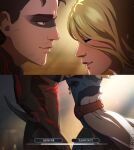  1boy 1girl absurdres artist_name ass beard beard_stubble black_bodysuit blonde_hair bodysuit brown_hair closed_eyes closed_mouth dispatch english_text eyeliner facial_hair from_side gameplay_mechanics hetero highres lipstick locoartsuu looking_at_another makeup marie_leroux_(warframe) operator_(warframe) pink_eyeliner stubble warframe warframe_1999 wisp_(warframe) yellow_eyes 