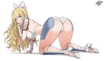 1girl :p armor ass bikini_armor blonde_hair blue_eyes blush bow bracer breasts charlotte_(fire_emblem) commentary english_commentary fire_emblem fire_emblem_fates from_behind full_body hair_bow highres jarckius large_breasts long_hair looking_at_viewer panties shin_guards shoulder_armor solo tongue tongue_out underwear wavy_hair white_bow white_panties 