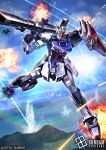  battle bazooka_(gundam) commentary_request copyright_logo copyright_name copyright_notice explosion gun gundam gundam_card_game gundam_seed holding holding_bazooka holding_cannon holding_gun holding_shield holding_weapon kenko_(a143016) logo mecha mecha_focus no_humans official_art outdoors robot science_fiction shield solo splashing strike_gundam v-fin weapon yellow_eyes 