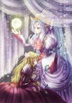  2girls agarte_lindblum animal_ears aqua_eyes blonde_hair blue_hair claire_bennett crown dress earrings eyes_closed flower frills jewelry long_hair moon multiple_girls petals ribbon rose tales_of_(series) tales_of_rebirth tiara veil 