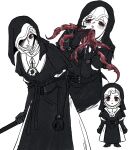  1girl absurdres black_bodice black_capelet black_gloves black_hood capelet chibi commentary elden_ring elden_ring_nightreign english_commentary flanged_mace full_body gloves highres holding holding_mace holding_weapon mace mouth_tentacles multiple_views nun one_eye_in_shadow red_eyes saliva tentacles undertaker_(elden_ring) velmonair weapon white_background white_coif 
