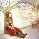  belt black_legwear boots brown_hair closed_eyes eggsding happy_birthday hat highres long_hair long_skirt original pantyhose scarf sitting skirt smile solo 