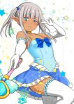  1girl absurdres bare_shoulders blue_bow blue_eyes blue_skirt blunt_bangs bow breasts closed_mouth collarbone cowboy_shot dark-skinned_female dark_elf dark_skin elbow_gloves elf gloves grey_hair hair_bow half-closed_eye highres holding holding_wand karla_(kono_healer_mendokusai) kono_healer_mendokusai long_sidelocks looking_at_viewer magical_girl miniskirt official_art pointy_ears sidelocks skirt sleeveless small_breasts solo spaghetti_strap star_(symbol) tannen_ni_hakkou thighhighs twintails uneven_eyes v wand wavy_mouth white_background white_gloves white_thighhighs zettai_ryouiki 