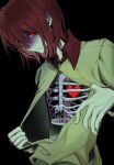  0ni91ri 1other birdcage black_background brown_hair cage closed_mouth commentary deltarune expressionless fingernails green_shirt heart highres kris_(deltarune) looking_at_viewer medium_hair open_clothes opened_by_self other_focus pixel_heart red_eyes ribs shirt simple_background soul_(deltarune) symbol-only_commentary upper_body utdr_(toby_fox) wing_collar 