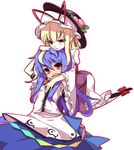  blonde_hair blue_hair borrowed_garments dress food fruit gap hat hat_over_hat hinanawi_tenshi hug hug_from_behind long_hair multiple_girls peach purple_eyes red_eyes shamo_(koumakantv) simple_background touhou uneven_eyes white_background yakumo_yukari 