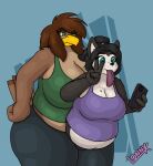 4_fingers accipitrid accipitriform angry anthro avian beak big_breasts bird black_eyebrows black_hair black_nose blue_background blue_eyes bottomwear breasts brown_eyebrows brown_hair canid canine canis cellphone cleavage clothed clothing domestic_dog eagle electronics eyebrows feathers fingers gesture green_eyes gynomorph hair hand_gesture hi_res holding_object husky intersex kayla_(lonnyk) lonnyk mammal multicolored_body nordic_sled_dog orange_beak pants phone pilot_(pilot129) pink_tongue sentient_penis shirt simple_background slightly_chubby slightly_chubby_anthro slightly_chubby_gynomorph slightly_chubby_intersex smartphone spitz standing tail tail_feathers tongue tongue_out topwear v_sign