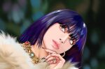  1girl am_202004 blackpink blue_eyes blue_hair blunt_bangs dutch_angle earrings eyeshadow fake_nails hashtag-only_commentary highres jewelry lisa_(blackpink) looking_up makeup mascara mole necklace pink_lips real_life solo 
