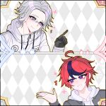  2boys :d ahoge aotsuki_eito black_gloves black_streaks blue_eyes character_doll commentary_request doll glasses gloves grey_hair grey_jacket highres hood hoodie jacket jacket_over_hoodie looking_at_another male_focus multicolored_hair multiple_boys open_clothes open_jacket pointing purple_eyes red_hair ringed_eyes short_hair smile split_screen streaked_hair sumino_takumi the_hundred_line_-last_defense_academy- variant_set white_hoodie white_jacket xinjinjumin731189037684 