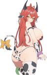  1girl alternate_costume anal_tail animal_ears animal_print antenna_hair ass black_horns blush breasts butt_crack commentary condom condom_wrapper cow_ears cow_print cow_print_thighhighs cow_tail cross cross_pasties english_commentary fake_animal_ears fake_tail goddess_of_victory:_nikke highres hisi_978 horns huge_breasts long_hair looking_back mechanical_horns pasties print_thighhighs red_hair red_hood_(nikke) solo sweat tail thighhighs white_background yellow_eyes 