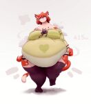 2023 absurd_res anthro bare_shoulders belly belly_overhang big_belly big_breasts biped black_eyes bracelet breasts cat_tail clothed clothed_anthro clothed_female clothing colored countershade_hands countershading cracked_ground cracks digital_media_(artwork) digital_painting_(artwork) dipstick_tail domestic_cat dress ear_piercing ear_ring english_description eyelashes eyelashes_through_hair felid feline felis female female_anthro footprint front_view full-length_portrait fur green_clothing green_dress green_heart hair head_tilt heart_print hi_res huge_belly imperial_unit jewelry legwear mammal markings medium_hair miluinaoxie navel_outline obese obese_anthro obese_female overweight overweight_anthro overweight_female painting_(artwork) piercing pointy_ears portrait prick_ears purple_clothing purple_legwear purple_stockings purple_thigh_highs red_body red_ears red_fur red_hair red_spots red_tail ring_piercing shaded shadow simple_background solo spots spotted_body spotted_fur stated_weight stockings strapless_clothing strapless_dress tail tail_markings thigh_highs translucent translucent_hair walking white_background white_belly white_body white_fur white_inner_ear white_markings white_nose white_spots wide_hipped_anthro wide_hipped_female wide_hips