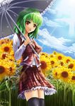  :&gt; absurdres artist_name bad_id bad_pixiv_id black_legwear blurry breasts cleavage cloud dated day depth_of_field dress_shirt flower green_hair highres kazami_yuuka leaf lens_flare lita_(keyboard000) long_sleeves looking_at_viewer medium_breasts open_mouth parasol petticoat plaid plaid_skirt plaid_vest red_eyes shirt short_hair skirt sky solo sunflower thighhighs tongue touhou umbrella vest 