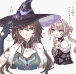  2girls alternate_hairstyle aqua_eyes bead_necklace beads black_hair breasts brown_hair chinese_clothes cleavage clothing_cutout commentary cosplay detached_collar detached_sleeves flower funafu gloves hair_bun hair_ornament hairclip hairstyle_switch hat herta_(honkai:_star_rail) honkai:_star_rail honkai_(series) jewelry long_hair multicolored_hair multiple_girls necklace purple_eyes ribbon ruan_mei_(honkai:_star_rail) simple_background streaked_hair tassel the_herta_(honkai:_star_rail) very_long_hair witch_hat 