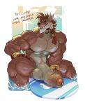 2025 abs abstract_background anthro anthrofied artist_name beard biceps biped black_nose bodily_fluids bracelet bracelet_only brown_body brown_glans brown_hair brown_nipples bulge canid canine claws colored dialogue digital_drawing_(artwork) digital_media_(artwork) dripping english_text facial_hair fangs feather_accessory feathers felid feline final_fantasy final_fantasy_vii foreskin genital_fluids genitals glans gold_(metal) gold_bracelet gold_jewelry green_eyes hair half-erect hi_res humanoid_genitalia humanoid_penis hybrid jewelry looking_at_another lying_on_surfboard male mammal markings multicolored_penis muscular muscular_anthro muscular_male muscular_thighs navel nipples nude nude_anthro nude_male partially_retracted_foreskin pecs penis precum precum_drip red_markings red_xiii ritsukaxan serratus sharp_teeth signature simple_background solo square_enix surfboard teeth text tied_hair triceps two_tone_penis vein veiny_penis water