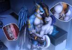 aldqueath alternate_version_at_source ammeris anal anal_fingering anthro arm_tattoo avian black_hair blonde_highlights blue_body blue_mohawk bodily_fluids bracelet butt butt_grab claws countershading cum cum_in_slit cum_inside cum_on_own_penis cum_on_penis cum_on_self dipstick_ears duo ear_markings ear_piercing eye_contact facial_tattoo finger_claws fingering fingering_while_penetrating from_front_position frottage_in_slit genital_fluids genitals gloves_(marking) gold_(metal) gold_bracelet gold_jewelry gryphon hair hand_on_butt highlights_(coloring) internal internal_slit jewelry lizard locker_room looking_at_another male male/male markings miosha mostly_nude multicolored_ears mythological_avian mythological_creature mythology narrowed_eyebrows narrowed_eyes open_mouth penetration penile penile_penetration penis penis_in_slit piercing reptile scalie sex slit_penetration slit_play tattoo white_body white_countershading