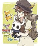  1girl 1other ^_^ backpack bag black_eyes black_hat blue_cloak bright_pupils brown_hair carrying carrying_person character_request cloak closed_eyes commentary_request copyright_request crossed_bangs crossover dated green_background green_eyes hair_between_eyes happy_birthday hat hat_feather hollow_eyes hollow_knight horns kiguchiko knight_(hollow_knight) looking_ahead octopath_traveler octopath_traveler_i open_mouth outline single_horn sparkle tressa_colzione white_outline white_pupils 